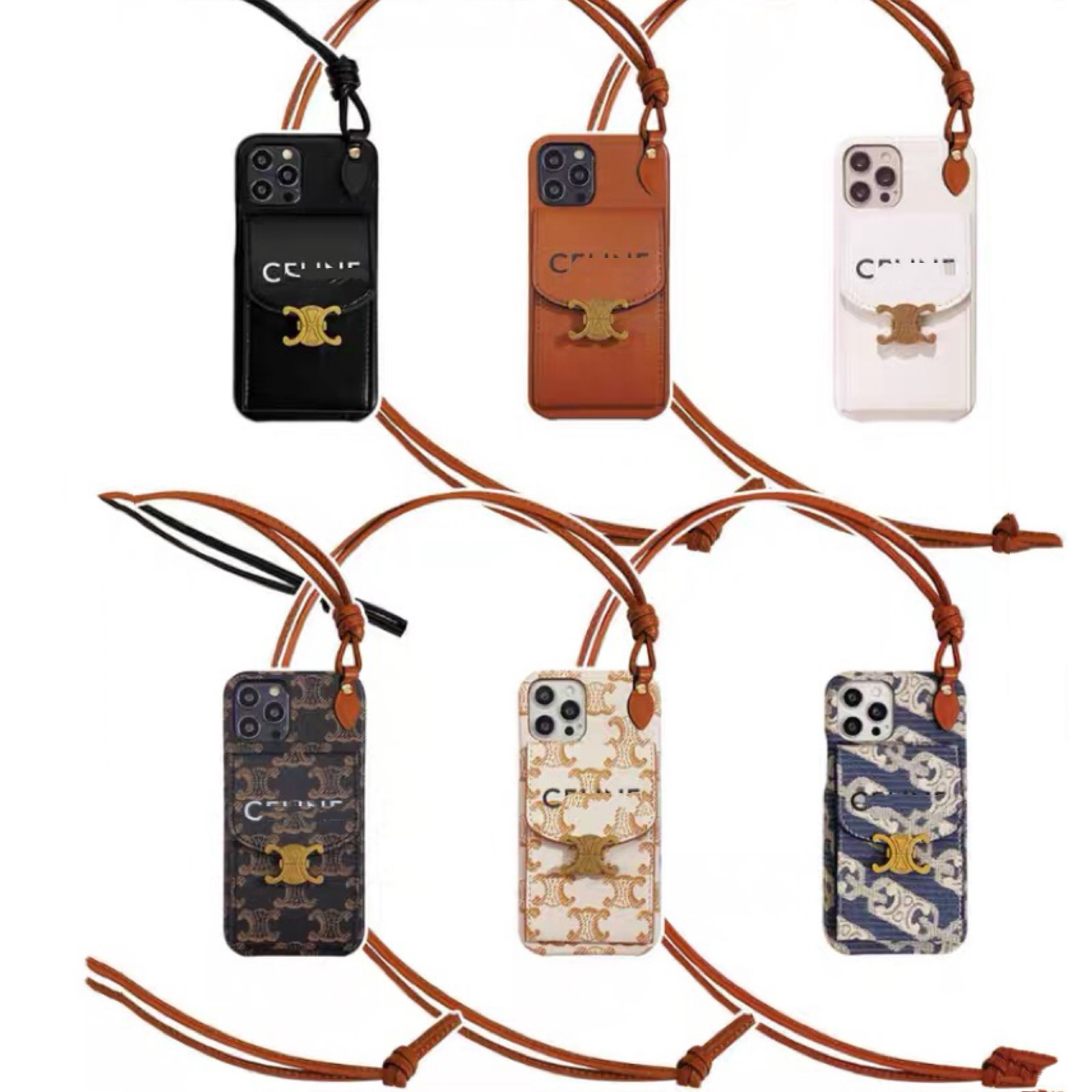 High luxury ins plaid embroidery card bag with leather insert suitable for iPhone 15 Promax phone case new  with hanging rope