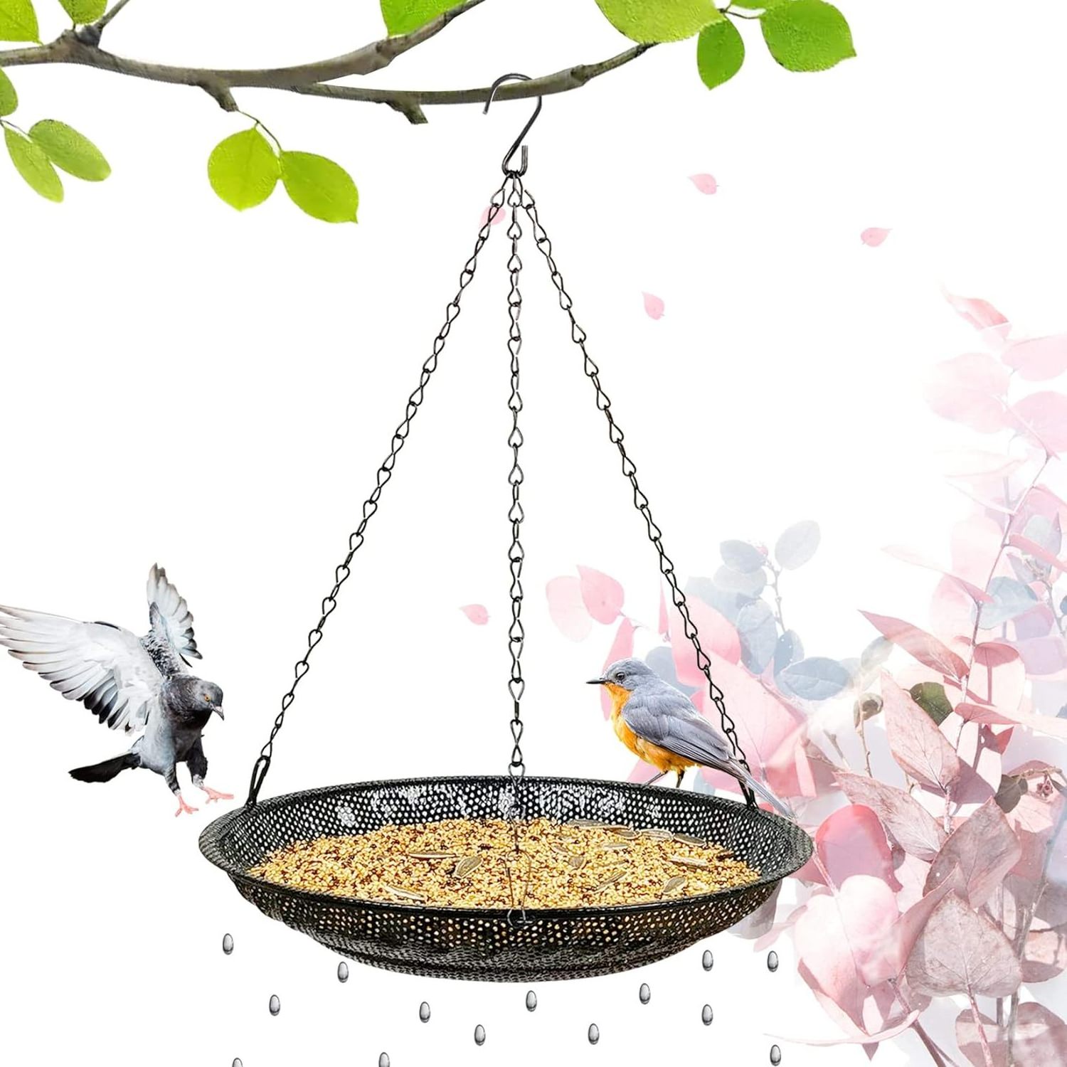 Premium Hanging Bird Feeder Tray Stainless Steel Mesh Tray Wild Bird Feeder for Outdoor Hanging Seed Deck