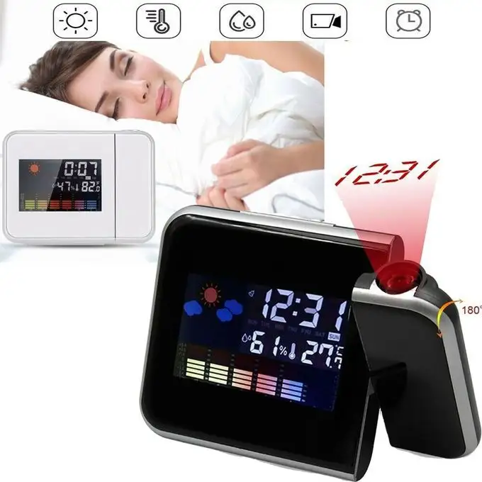 Multifunctional LCD Color Screen Electronic Alarm Clock Projection Weather Clock  with  Color Screen Calendar Rotating Clock