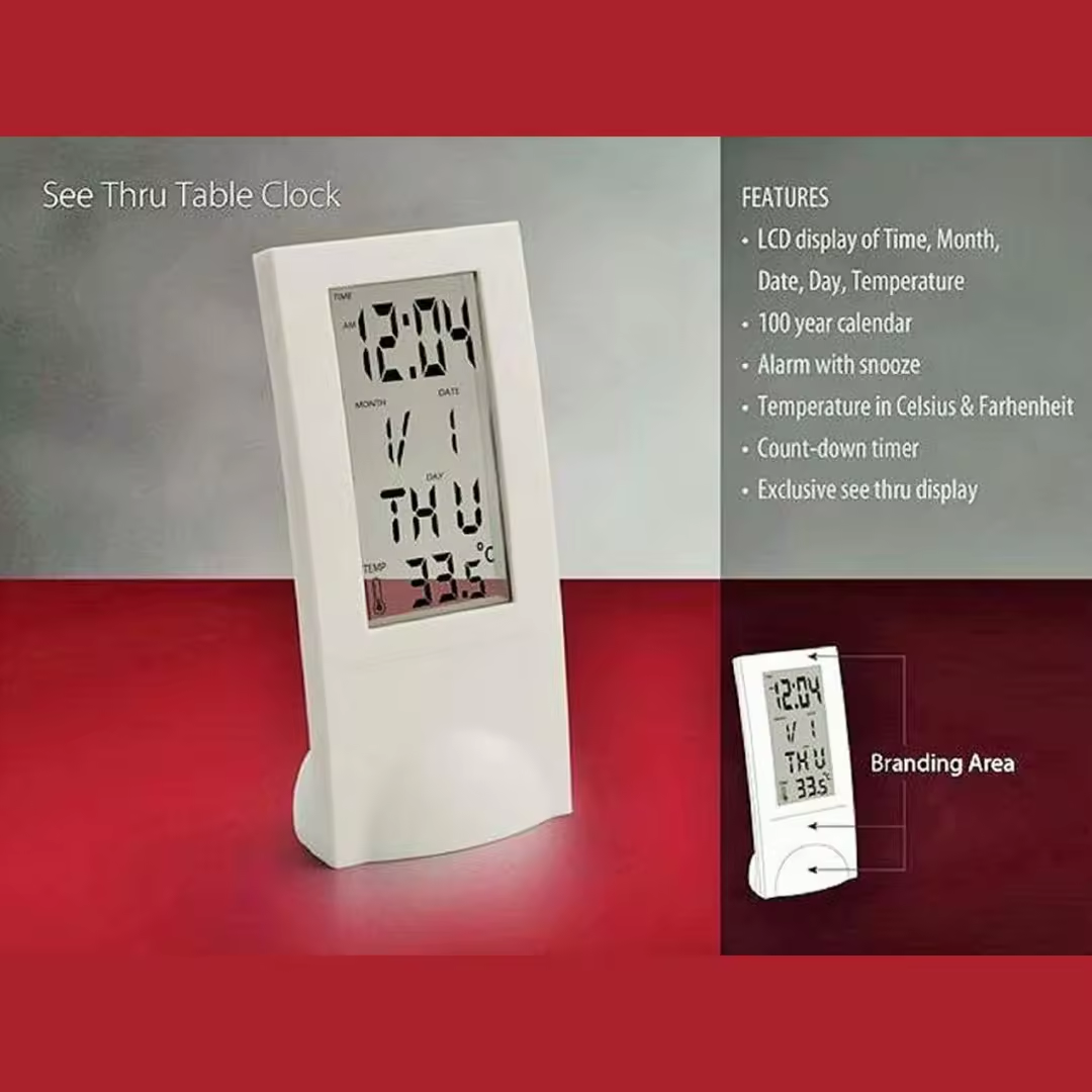 Digital Transparent See-Through Vertical LCD Desk Alarm Clock with Thermometer for Gift & Premium