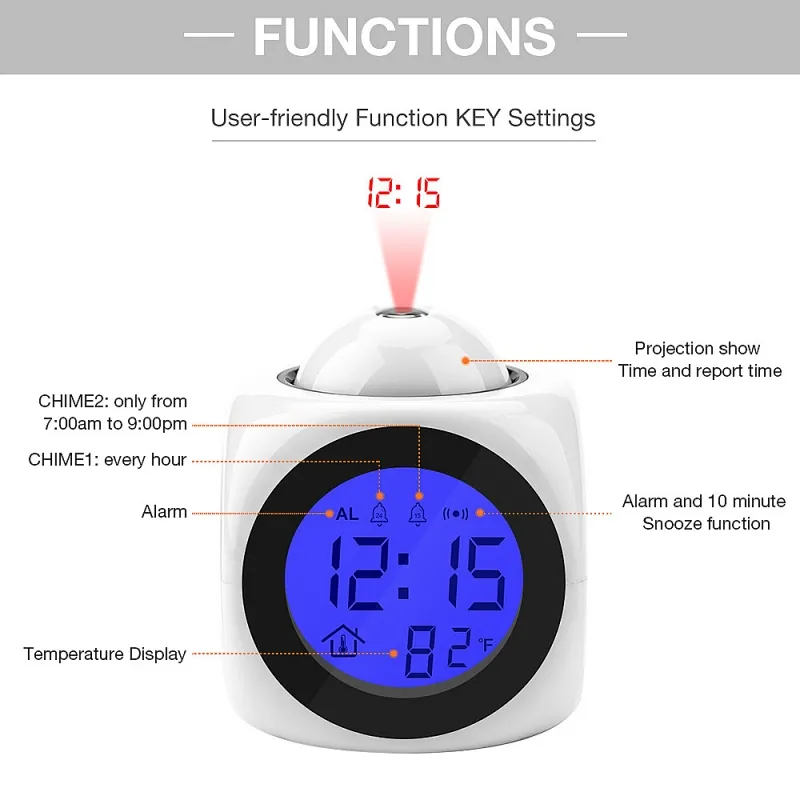 Hourly Chime Digital Projection Clock Time Temperature Backlight Loud Music Alarm Clock Snooze 12/24H USB Projector LCD Clock