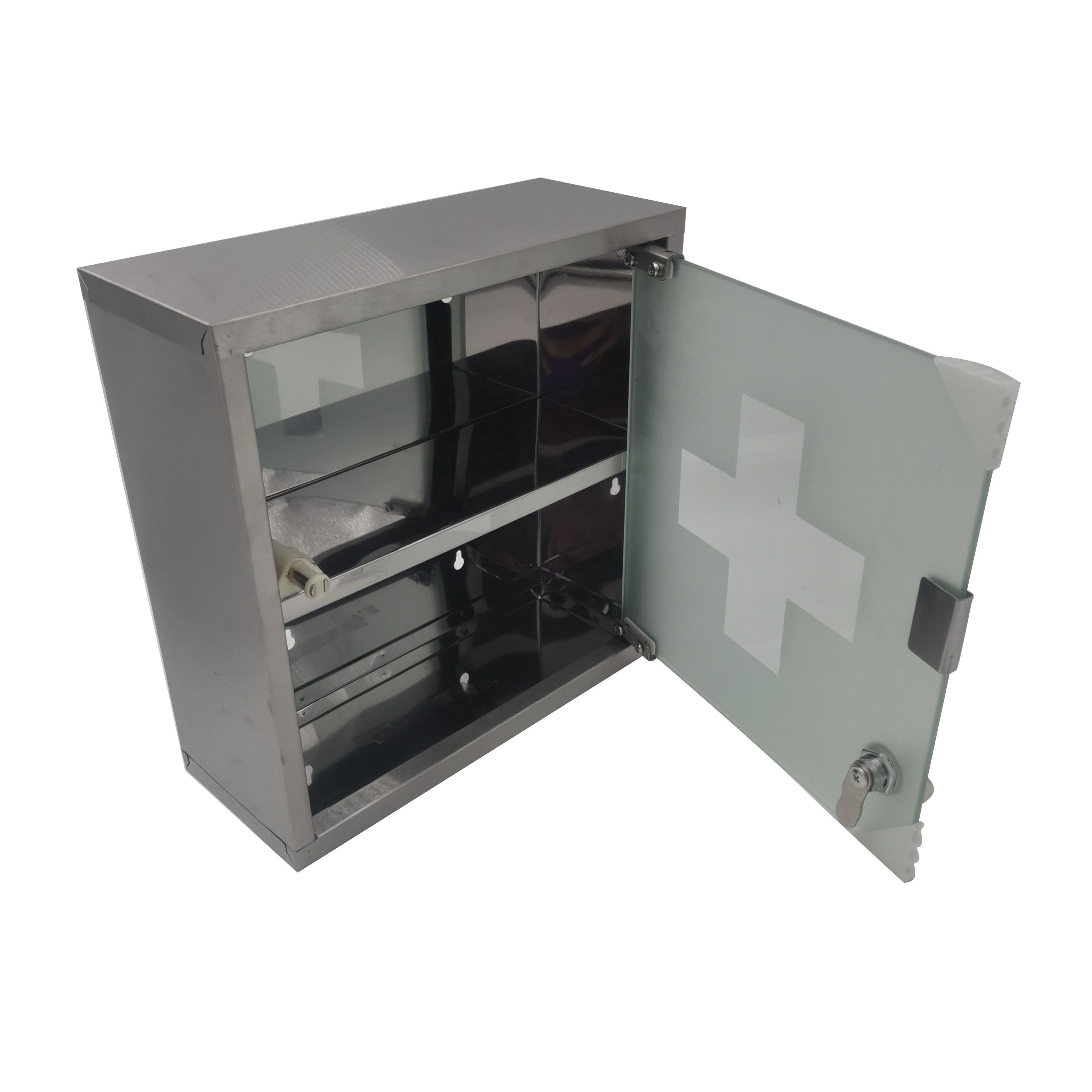 2 Shelves Medical Cabinet With Locking Door First Aid Box for Medicine & Bandages Made of Stainless Steel & Frosted Glass