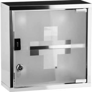 2 Shelves Medical Cabinet With Locking Door First Aid Box for Medicine & Bandages Made of Stainless Steel & Frosted Glass