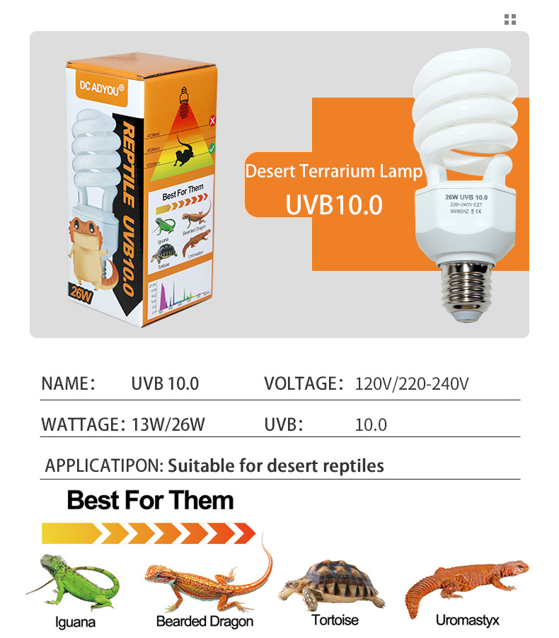 26W Reptile UVB 10.0 Desert Compact Fluorescent Lamp Bulb, Reptile UVB UVA CFL Light Bulb for bearded dragon