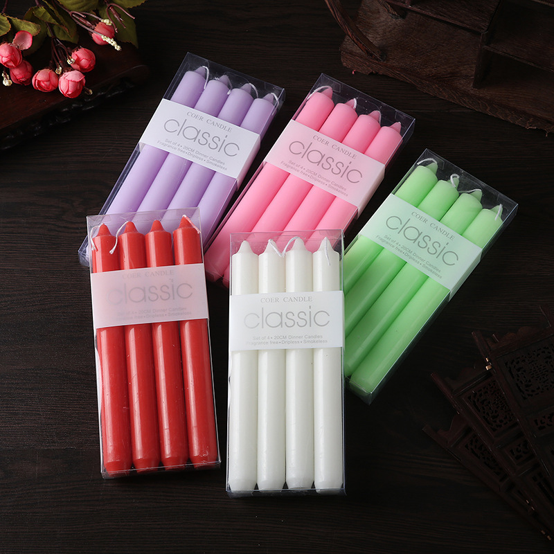 4pcs set pack paraffin wax original taper white stick candle European candle smokeless and tasteless long pillar candle