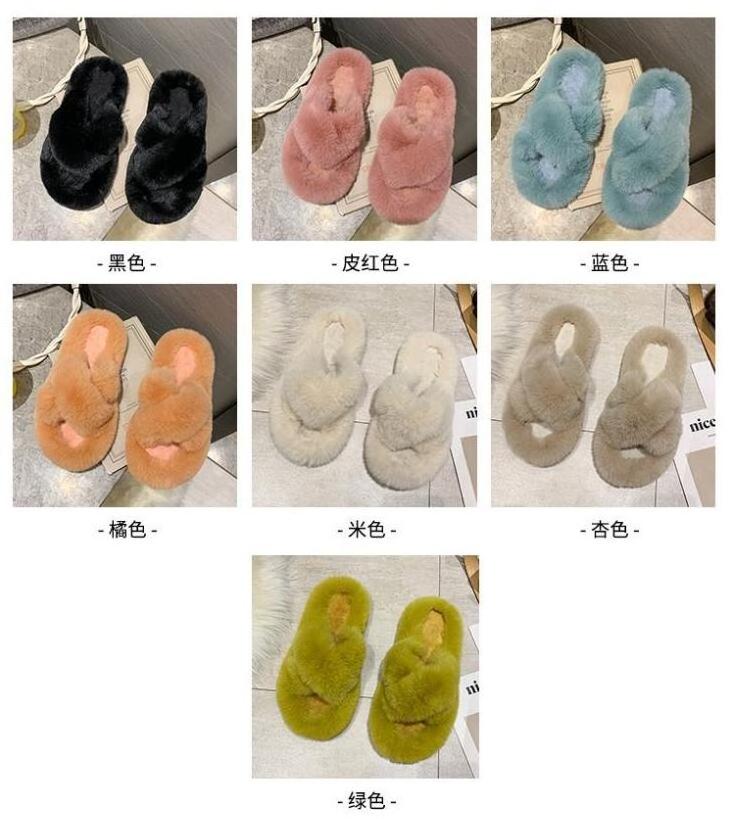 Big size faux fur slippers indoor plush fur flip flops, women fluffy fur thong sandal