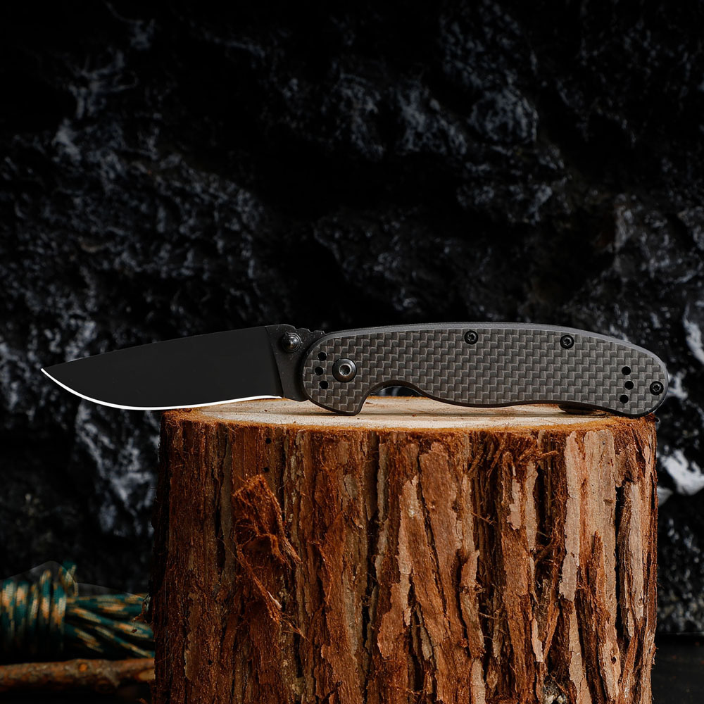 OEM Custom Tactical Survival Pocket Knife with Black Coating Folding Outdoor Knife with Carbon Fiber Handle for Camping