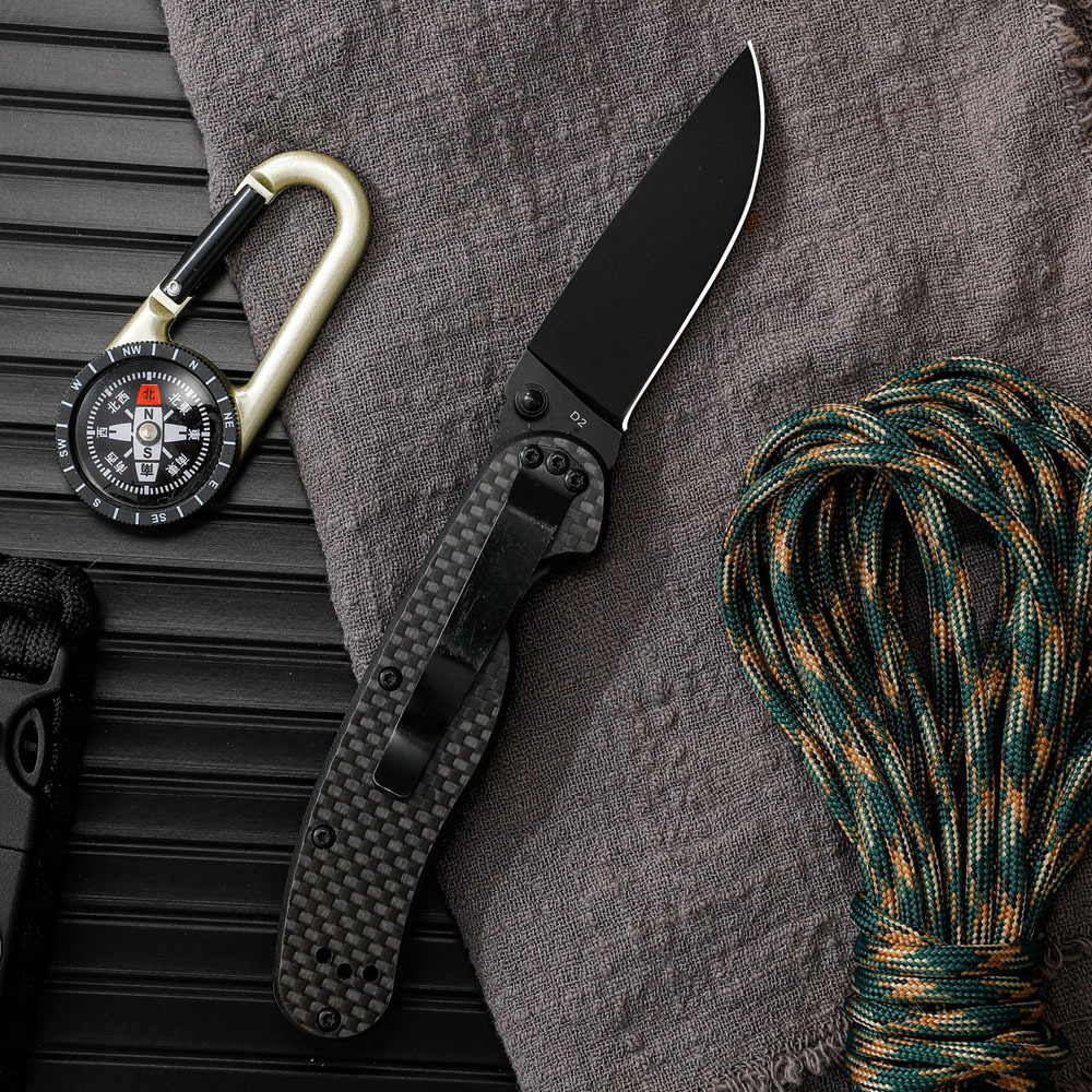 OEM Custom Tactical Survival Pocket Knife with Black Coating Folding Outdoor Knife with Carbon Fiber Handle for Camping