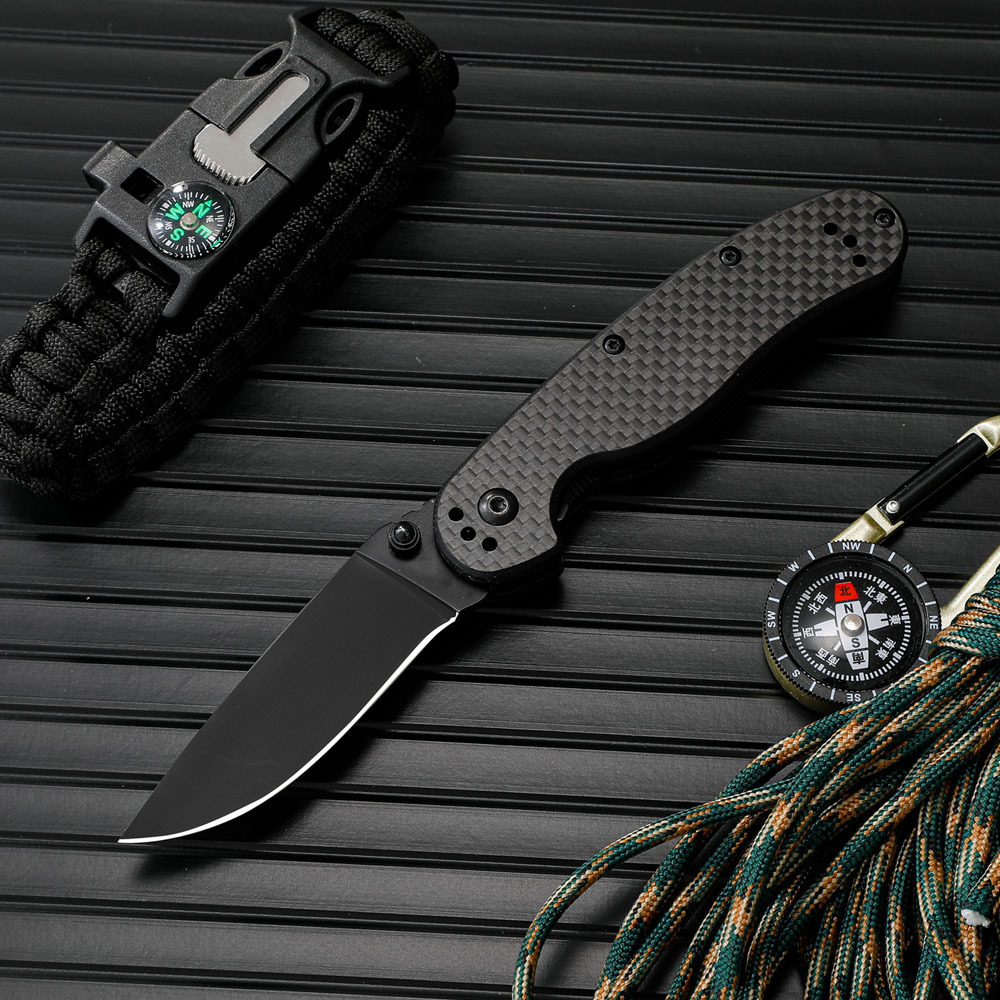 OEM Custom Tactical Survival Pocket Knife with Black Coating Folding Outdoor Knife with Carbon Fiber Handle for Camping