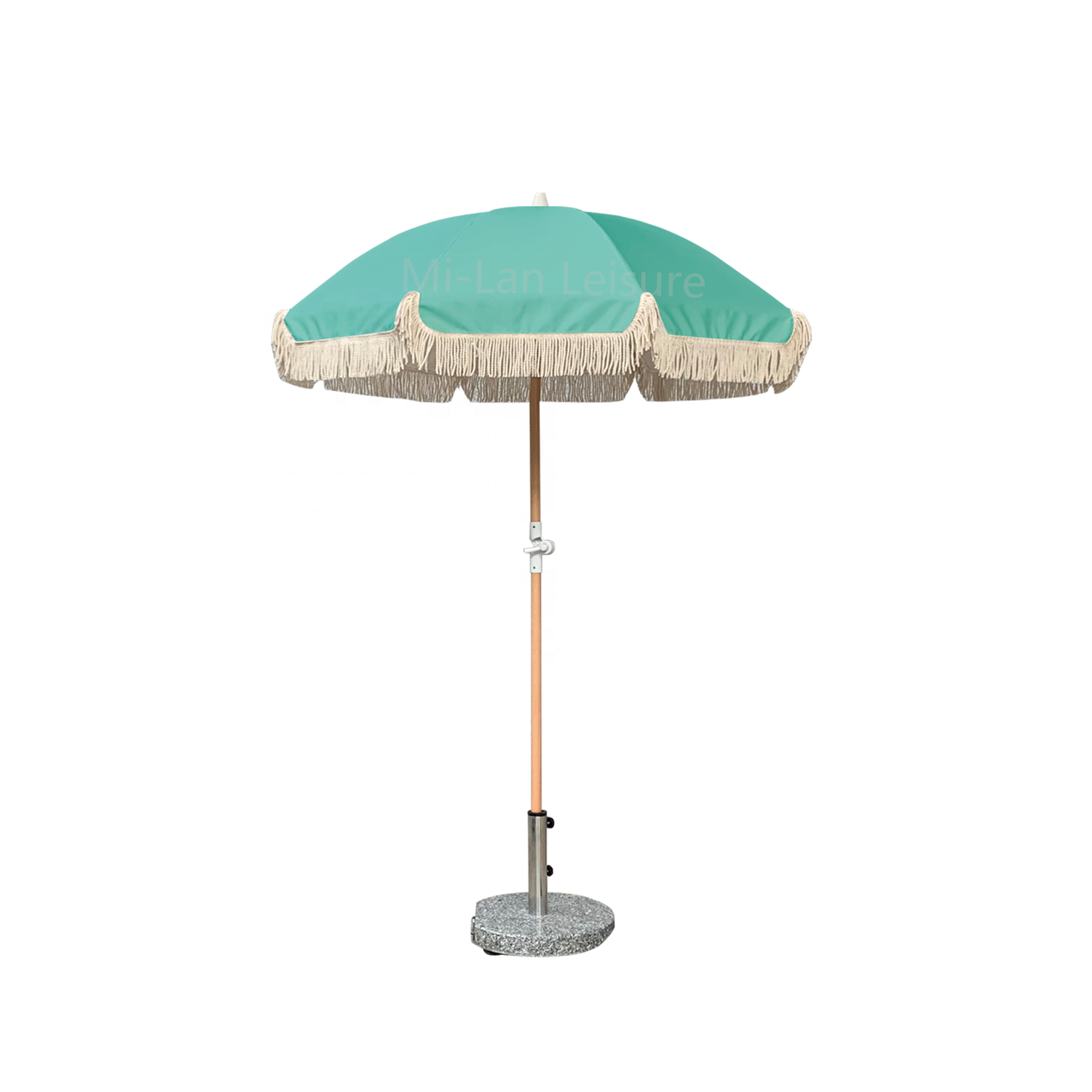 Outdoor Algida Custom Ricard Beach Umbrella with Fringe Green White Canopy Outdoor Modern Fiberglass Patio Umbrella Wood Pole