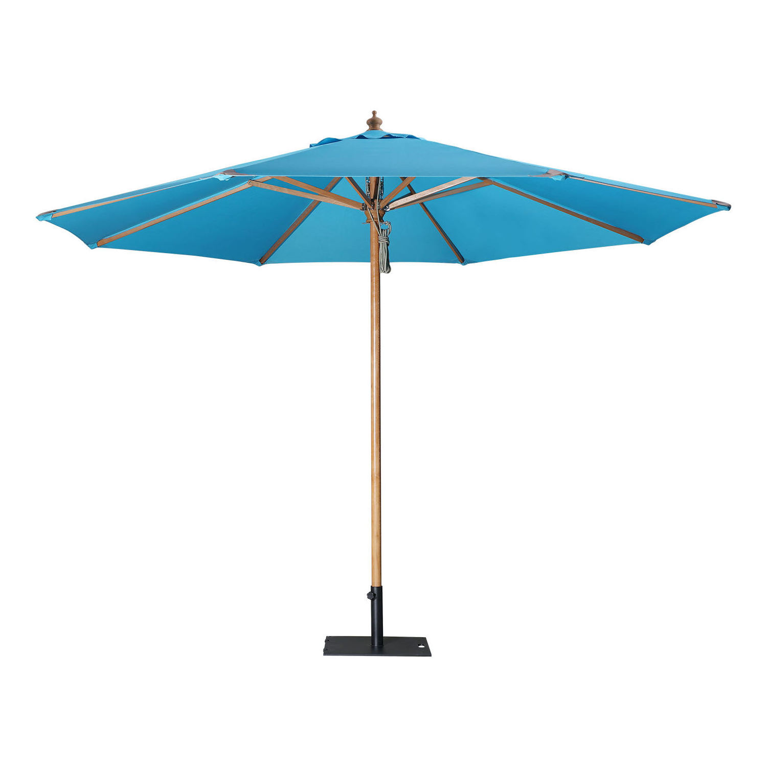 Blue commercial wooden pulley patio garden parasol logo advertising large motorized large lightweight boho outdoor umbrella