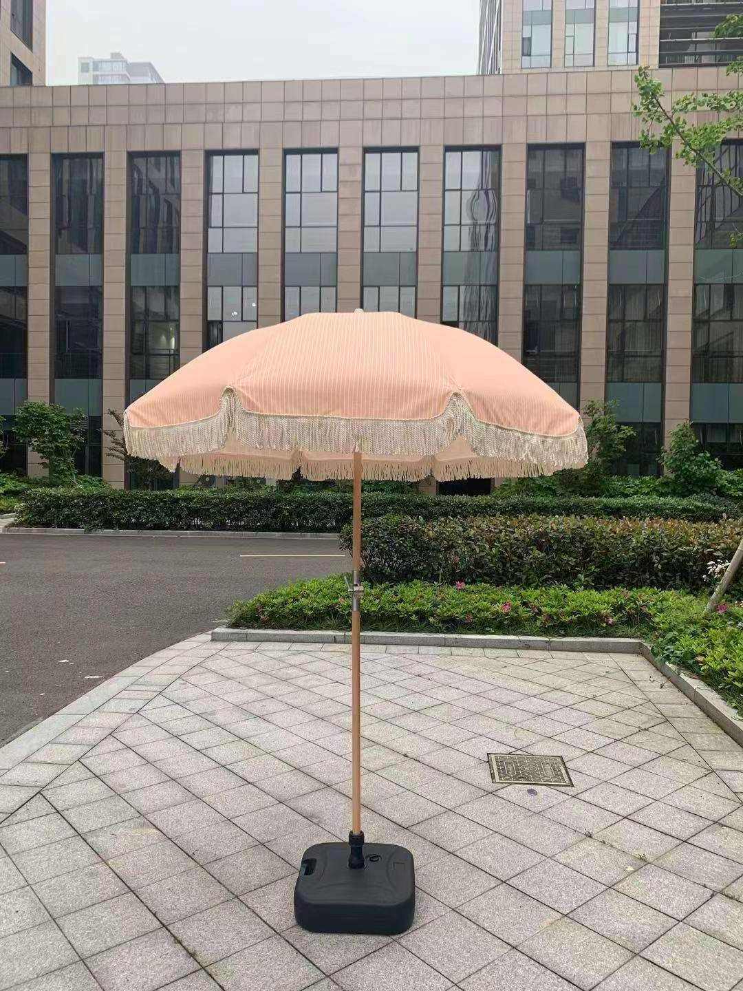 Custom Premium Fringe Fishing Wooden Cotton Polyester Tassel Outdoor Patio Restaurant Garden Sun Beach Umbrella With Tilt