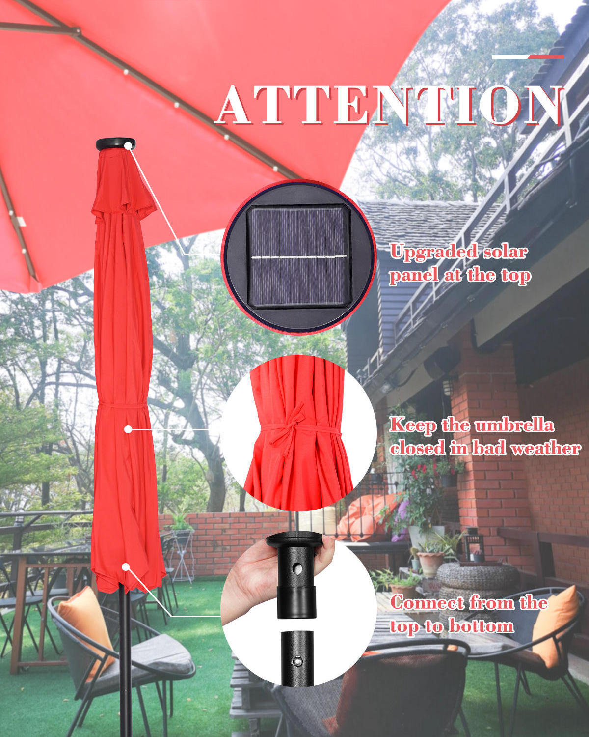 3m Round Straight Large Sun Garden Solar Umbrella 24 Pcs Beads Patio Outdoor Umbrellas Parasol With Led Lights