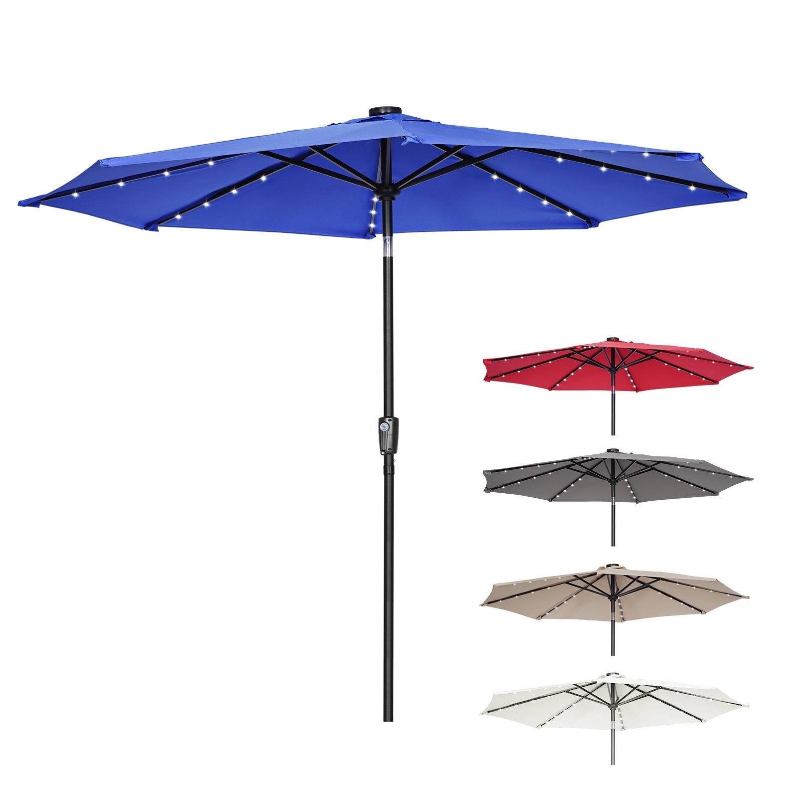 2.7m Round Straight Umbrella with 24 Pcs Beads Outdoor Parasol with Led Lights Solar Patio Umbrellas Polyester Europe Steel Pole