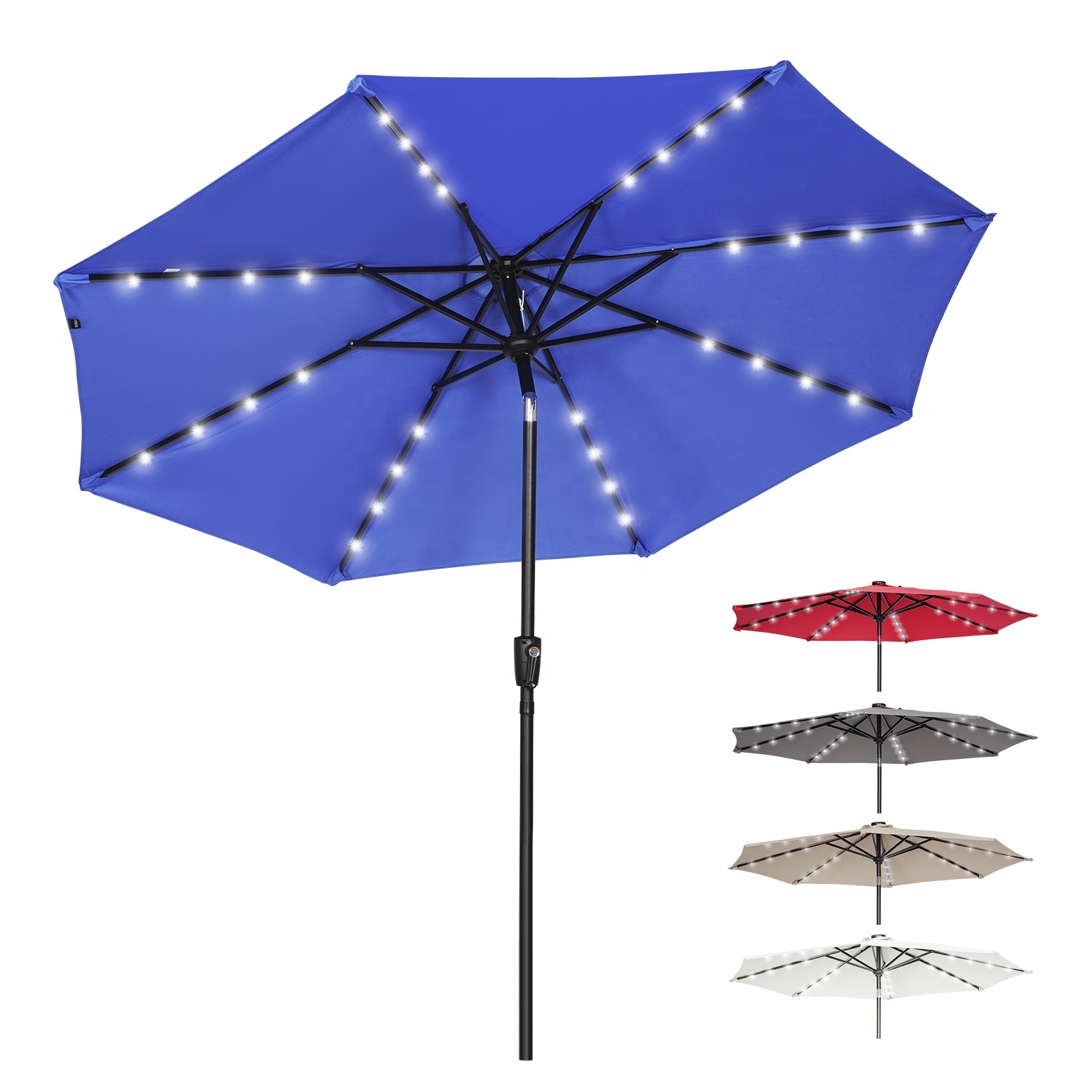 2.7m Round Straight Umbrella with 24 Pcs Beads Outdoor Parasol with Led Lights Solar Patio Umbrellas Polyester Europe Steel Pole