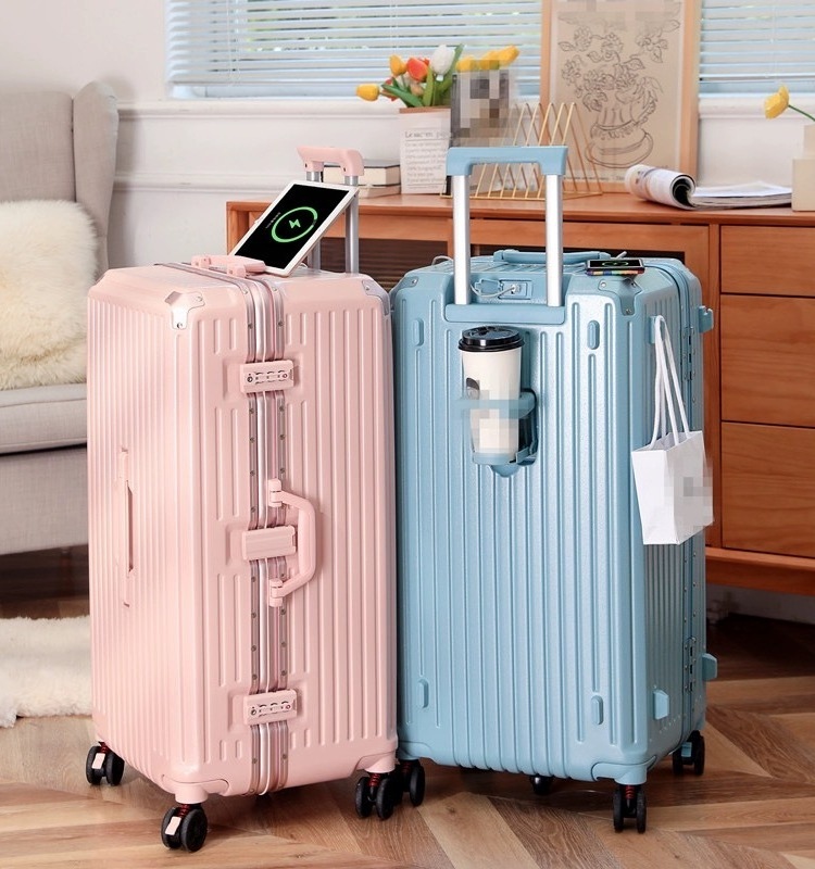 Large light aluminium suit cases smart luggage with scale usb tsa lock luggage tag coffee cup usb charging business suitcase