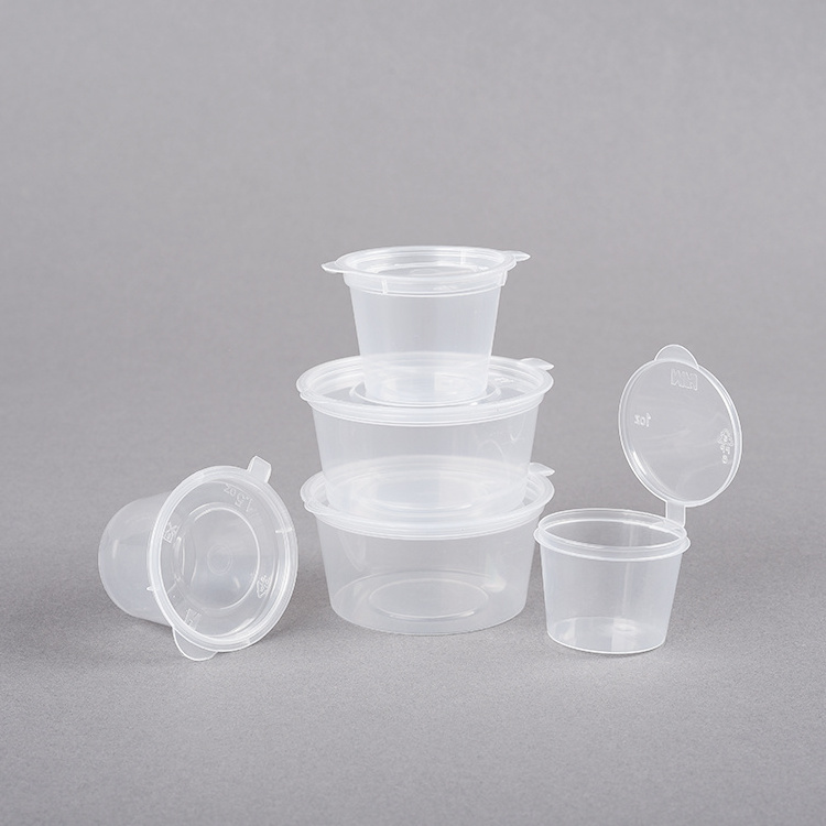 Disposable PP 1 1.5 2 3oz 4oz Hinged Clear Small Condiment Sauce Cup Dipping mini take away Sauce packaging Container With Lid