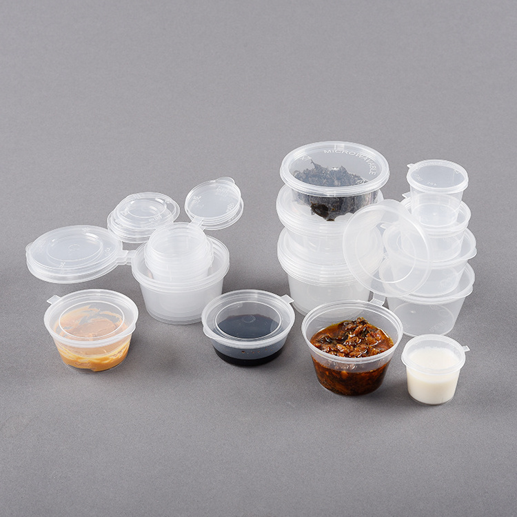 Disposable PP 1 1.5 2 3oz 4oz Hinged Clear Small Condiment Sauce Cup Dipping mini take away Sauce packaging Container With Lid