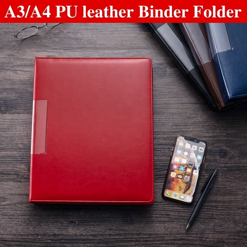 A3 Hardcover Black Blue PU File Foder Red Brown Leather 4 Ring Binder For A4 Size Documents,Stationery Folder