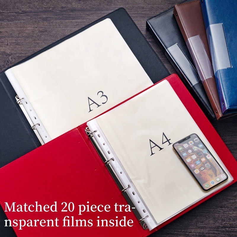 A3 Hardcover Black Blue PU File Foder Red Brown Leather 4 Ring Binder For A4 Size Documents,Stationery Folder