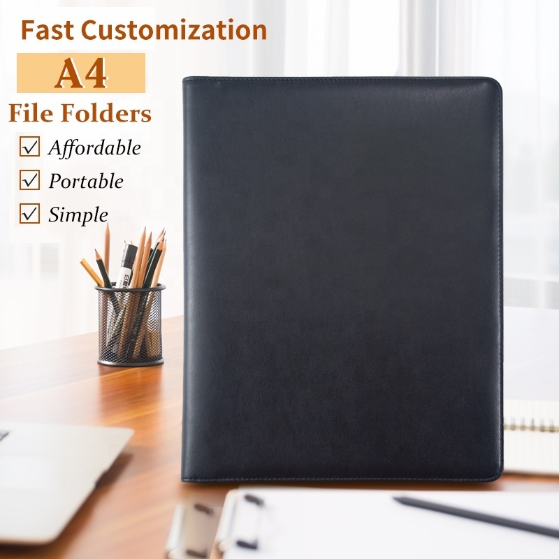 Wholesale A4 Black PU Leather Conference Folder Simple Plain Padfolio High Quality Cheap A4 Business Leather Portfolio