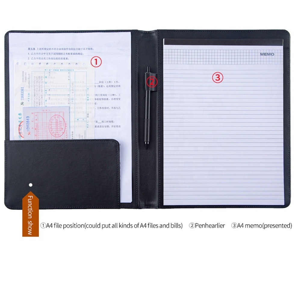 Wholesale A4 Black PU Leather Conference Folder Simple Plain Padfolio High Quality Cheap A4 Business Leather Portfolio