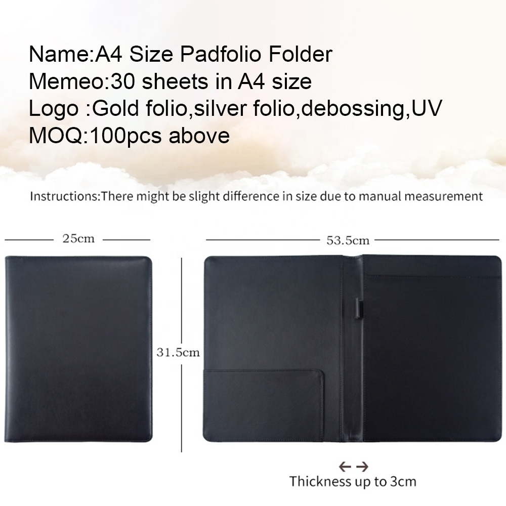 Wholesale A4 Black PU Leather Conference Folder Simple Plain Padfolio High Quality Cheap A4 Business Leather Portfolio