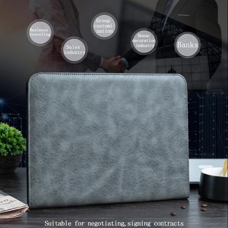 New Design Ostrich Grain A4 Zip document Folder Conference meeting Briefcase Portfolio With Grey leather