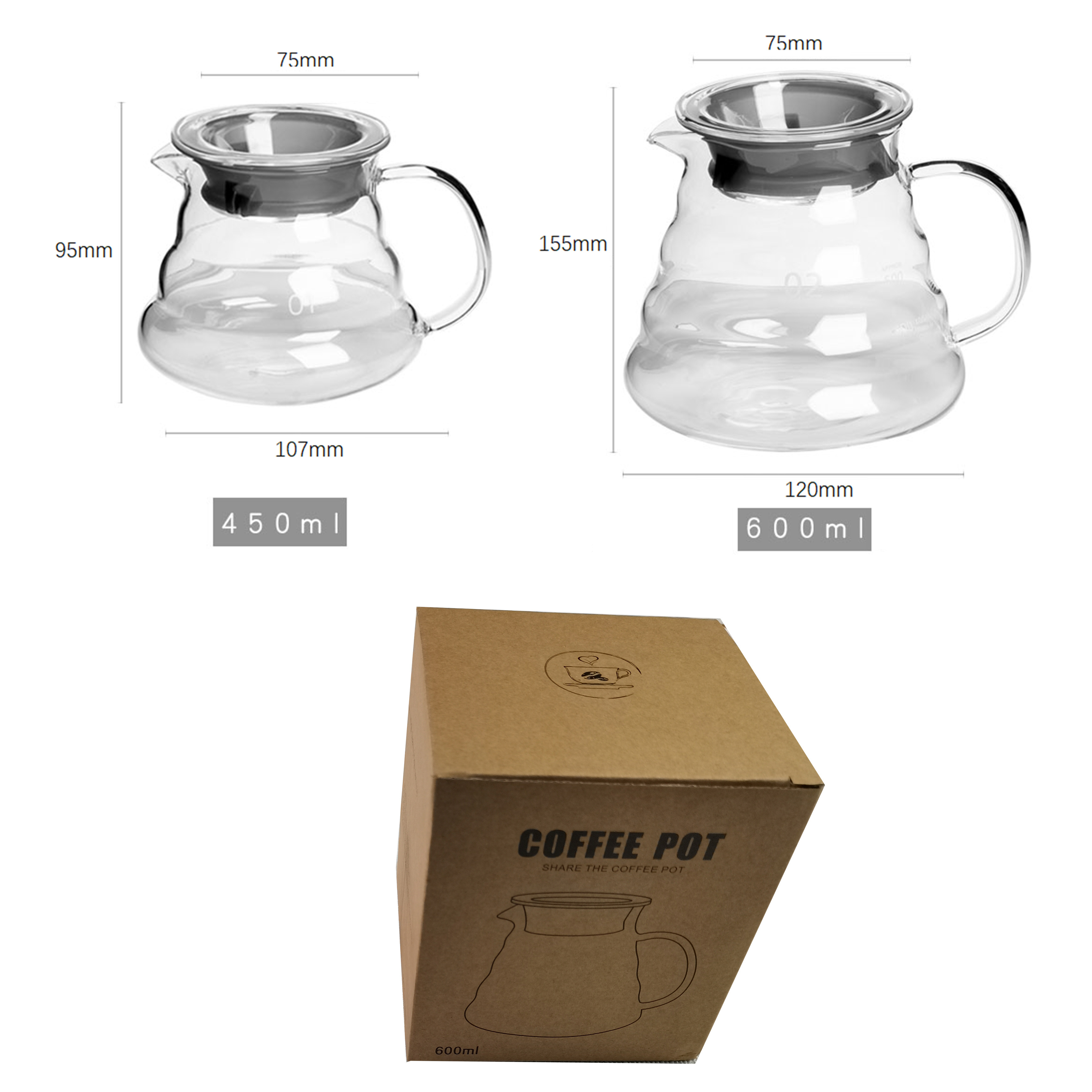 Good quality factory directly Heat Resistant Clear High Borosilicate Glass Coffee Server for Pour Over Pots Kettle