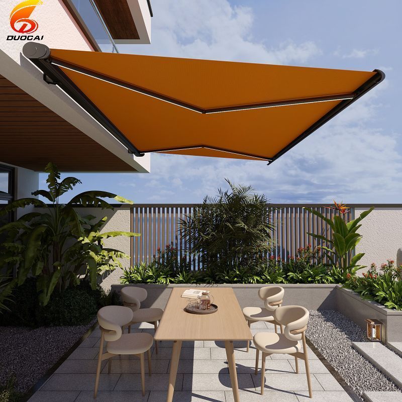 Outdoor Retract Awning Sun Shade LED Light Motorized Retractable Full Cassette Awning for Patio Aluminum Alloy Extendable 5m