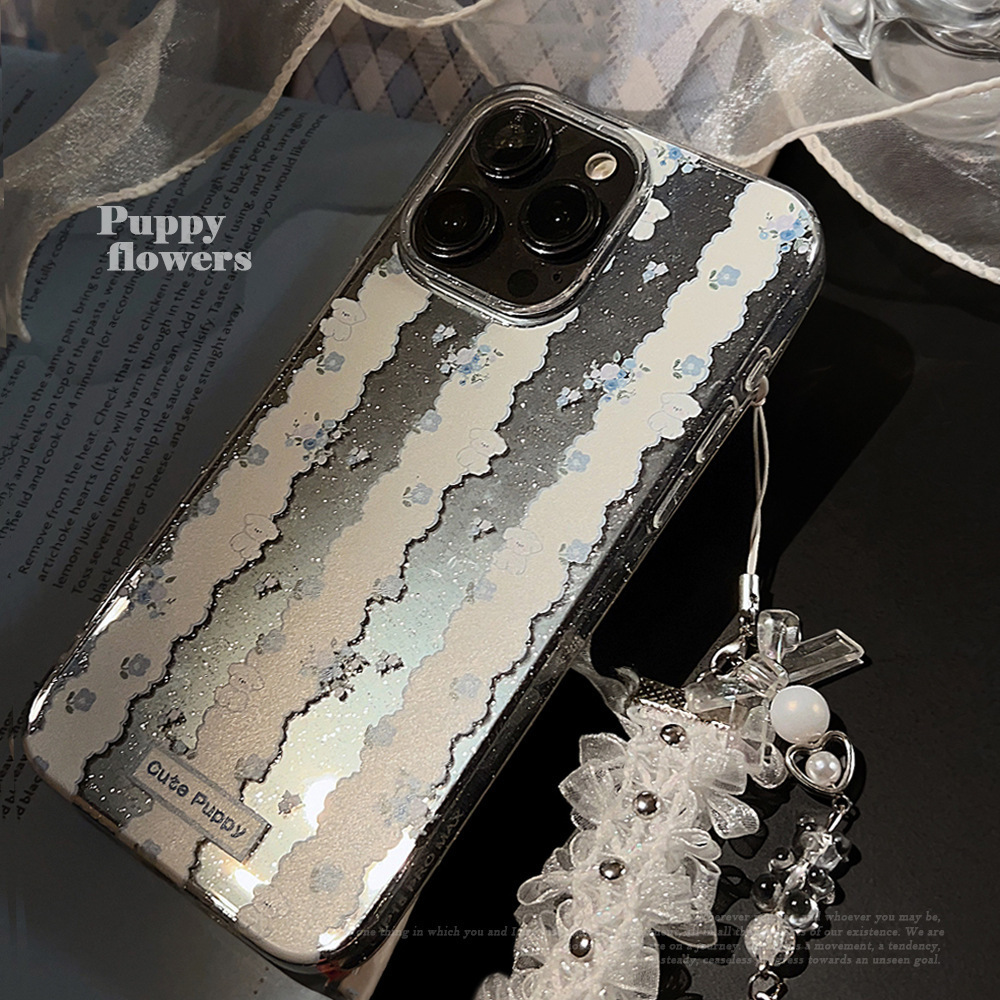 Blue Lace Rope Glittering Pink Case Blue Flower Dog Lace Pendant Case For iPhone 15 Pro max 14 Plus 13 12 11 Cover Phone Case