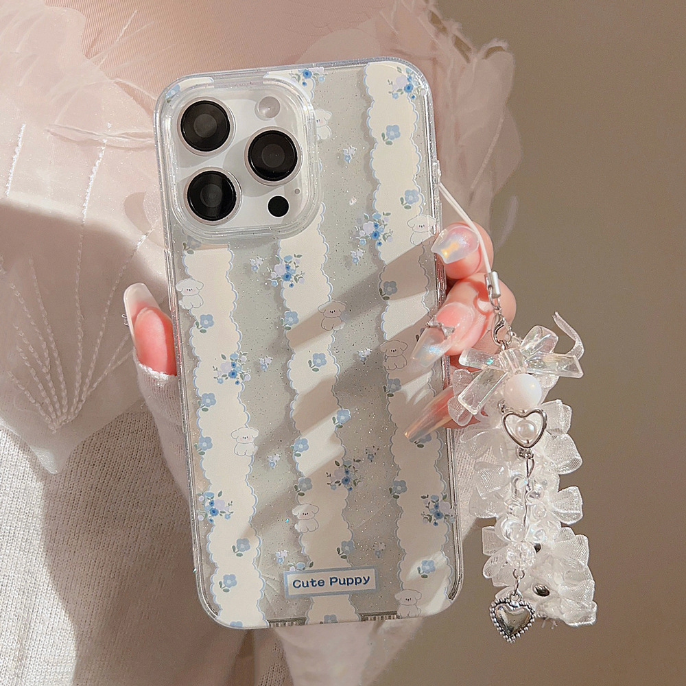 Blue Lace Rope Glittering Pink Case Blue Flower Dog Lace Pendant Case For iPhone 15 Pro max 14 Plus 13 12 11 Cover Phone Case