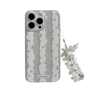 Blue Lace Rope Glittering Pink Case Blue Flower Dog Lace Pendant Case For iPhone 15 Pro max 14 Plus 13 12 11 Cover Phone Case