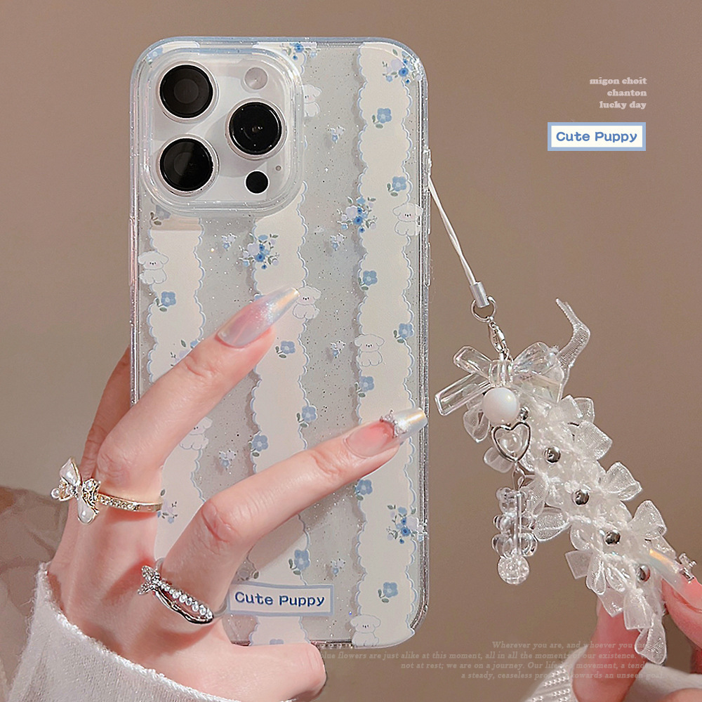 Blue Lace Rope Glittering Pink Case Blue Flower Dog Lace Pendant Case For iPhone 15 Pro max 14 Plus 13 12 11 Cover Phone Case