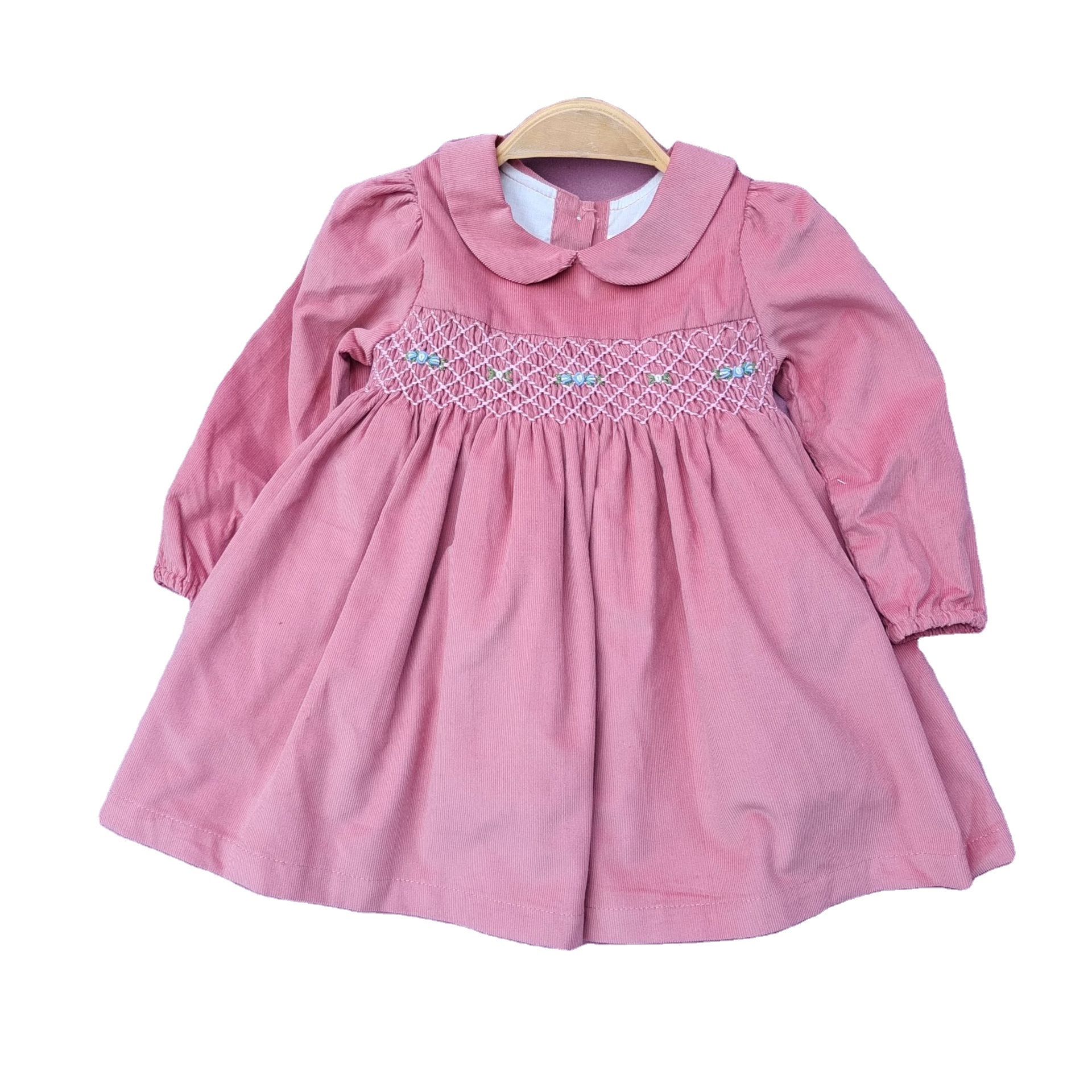 custom Embroidery 2T - 7T Pink Easter Corduroy cotton baby girls dresses 3years smocked