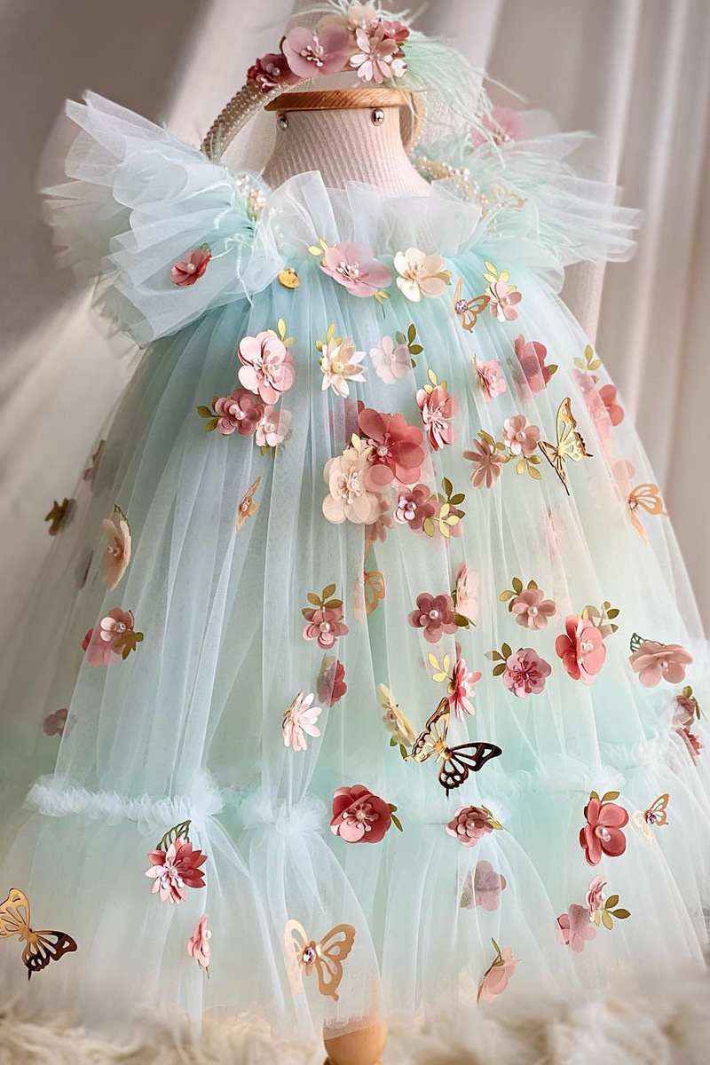 Children's embroidery piano performance luxury flower girl kids gown girls party dress with butterfly wings