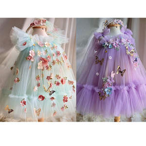 Children's embroidery piano performance luxury flower girl kids gown girls party dress with butterfly wings