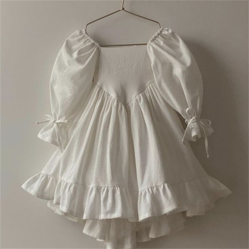 New Fashion Lolita Style Spring Toddler Girls Long Sleeve Cotton Linen Dress Baby Girls Solid Color Strap Dresses