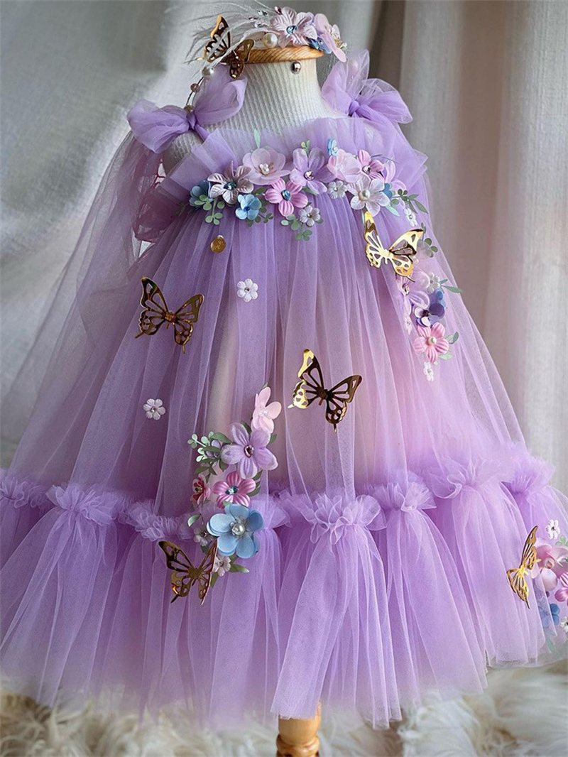 Children's embroidery piano performance luxury flower girl kids gown girls party dress with butterfly wings