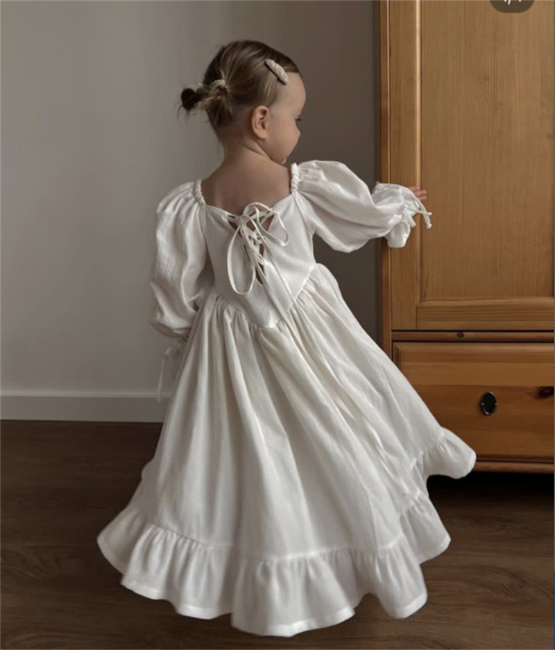 New Fashion Lolita Style Spring Toddler Girls Long Sleeve Cotton Linen Dress Baby Girls Solid Color Strap Dresses