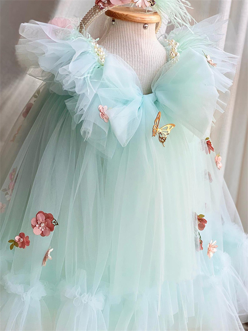 Children's embroidery piano performance luxury flower girl kids gown girls party dress with butterfly wings