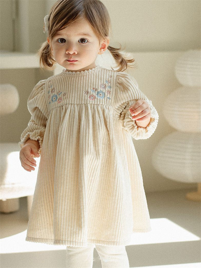 Spring Long Sleeve Baby Girls Corduroy Romper Infant Embroidery Princess Dress Sisters Match Outfit