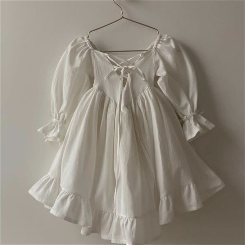 New Fashion Lolita Style Spring Toddler Girls Long Sleeve Cotton Linen Dress Baby Girls Solid Color Strap Dresses