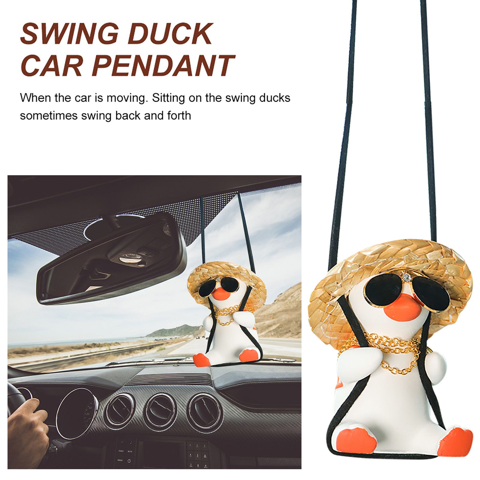 Cute Swing Duck with Straw Hat Car Pendant Auto Rearview Mirror Hanging Ornaments Interior Accessories Fragrance