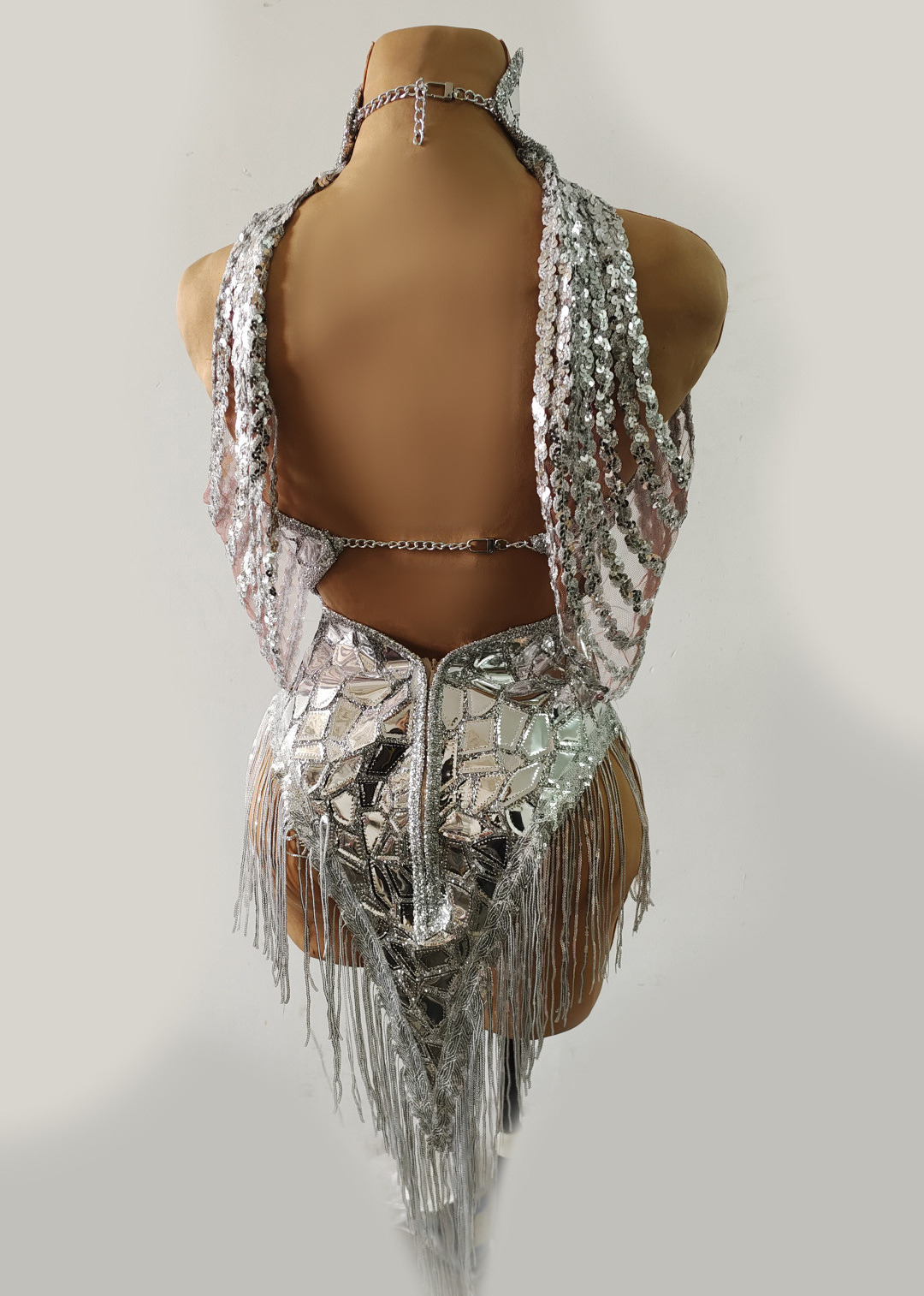 High Collar Mirror Silver Tassel Sparkly Halter Backless Sexy Backless Short Dress Nightclub Performance Costume