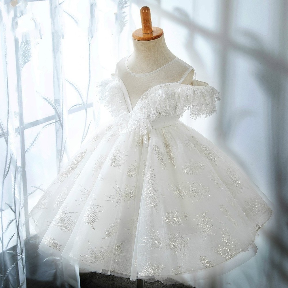 New Model Off -Shoulder with Feather Flower Baby Girls Pageant Festival Birthday Party Wedding Prom Tulle Dress