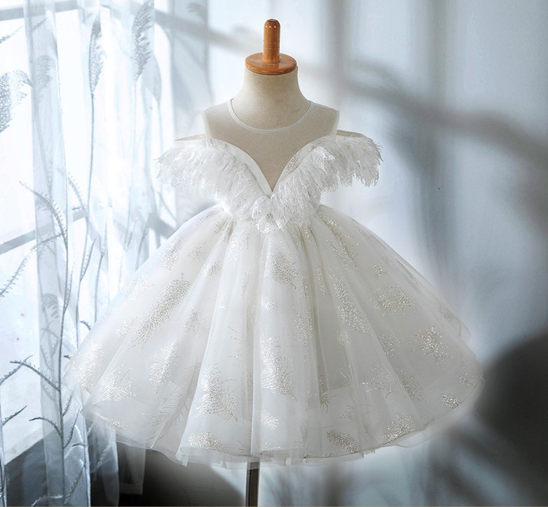 New Model Off -Shoulder with Feather Flower Baby Girls Pageant Festival Birthday Party Wedding Prom Tulle Dress