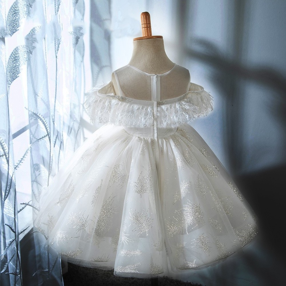 New Model Off -Shoulder with Feather Flower Baby Girls Pageant Festival Birthday Party Wedding Prom Tulle Dress