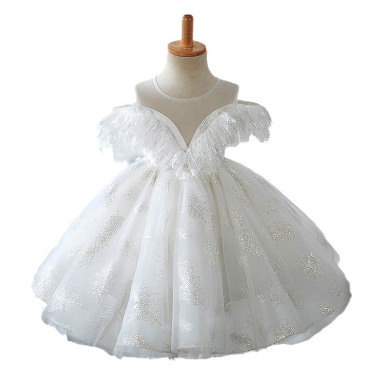 New Model Off -Shoulder with Feather Flower Baby Girls Pageant Festival Birthday Party Wedding Prom Tulle Dress