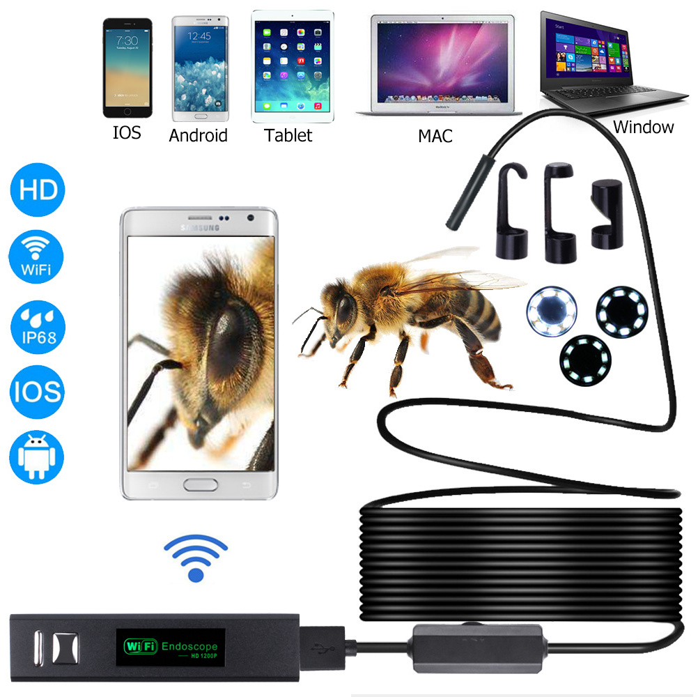 Wireless Endoscope USB Borescope Inspection Camera 8mm 1200P HD Wifi Snake Automobile Camera IP68 with 8 LED for Android IOS PC